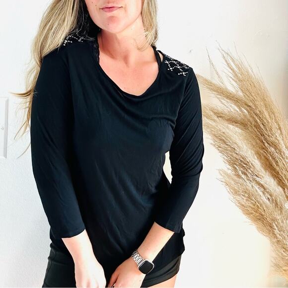 PHILOSOPHY Black Silver Beaded Sequin Shoulder 3/4 Shirt Tunic Top Blouse 1X - Picture 9 of 10